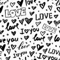 Vector seamless pattern with hand drawn doodle hearts and word love. Trendy design concept for fashion textile print.