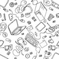 A vector seamless pattern of hand drawn doodles of electronic gadgets.