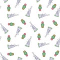 Vector seamless pattern, hand drawn with doodles, sketch of a rabbit and a cactus flowerpot with a flower on a white