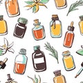 Vector seamless pattern with essential oil bottles