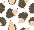 Vector seamless pattern of hand drawn flat funny hedgehogs in different poses