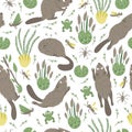 Vector seamless pattern of hand drawn flat funny beavers in different poses. Cute repeat background with frog, reeds, water Royalty Free Stock Photo