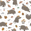 Vector seamless pattern of hand drawn flat funny boars in different poses. Cute repeat background with woodland animals, mushrooms