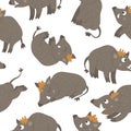 Vector seamless pattern of hand drawn flat funny boars in different poses. Cute repeat background with woodland animals. Sweet