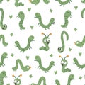 Vector seamless pattern with hand drawn flat funny insects. Cute repeat background with green caterpillars. Sweet creepy-crawly