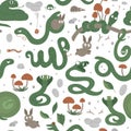 Vector seamless pattern of hand drawn flat funny snakes in different poses. Cute repeat background with woodland animals. Cute