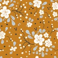 Vector seamless pattern with hand-drawn flowers, berries and leaves. Pattern in desset yellow navy blue white color