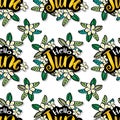 Vector seamless pattern with hand drawn flowers and lettering. Hello June. Royalty Free Stock Photo