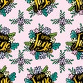 Vector seamless pattern with hand drawn flowers and lettering. Hello June. Royalty Free Stock Photo