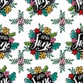 Vector seamless pattern with hand drawn flowers and lettering. Hello June. Royalty Free Stock Photo