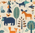Vector seamless pattern with hand drawn forest animals, trees, flowers and plants