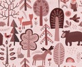 Vector seamless pattern with hand drawn forest animals, trees, flowers and plants.