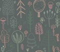 Vector seamless pattern with hand drawn forest trees, plants, flowers Royalty Free Stock Photo