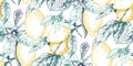 Vector seamless pattern with hand drawn fresh lemon tree branches, fruits and flowers in sketch style. Royalty Free Stock Photo