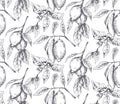 Vector seamless pattern with hand drawn fresh lemon tree branches, fruits and flowers in sketch style. Royalty Free Stock Photo