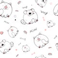 Vector seamless pattern with hand-drawn funny cute fat animals. Silhouettes of animals on a white background. Fun texture with cat Royalty Free Stock Photo