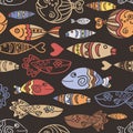 Vector seamless pattern with hand drawn funny fishes and waves in ethnic sketch style. Decorative scandinavian endless Royalty Free Stock Photo