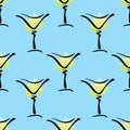 Vector seamless pattern with hand drawn glass of Margarita cocktail on blue