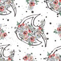 Vector seamless pattern, hand drawn graphic illustration background sea animal, fish with flowers, leaves Sketch drawing, doodle Royalty Free Stock Photo