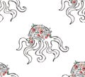 Vector seamless pattern hand drawn graphic illustration of sea animal, octopus with flowers, leaves Sketch drawing, doodle style. Royalty Free Stock Photo