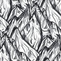 Vector seamless pattern with hand drawn graphic mountain ranges and pine forest. Royalty Free Stock Photo