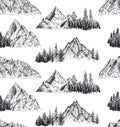 Vector seamless pattern with hand drawn graphic mountain ranges and pine forest. Royalty Free Stock Photo