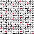 Vector seamless pattern. Hand drawn grayscale triangles with red patches on white background.