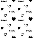 Vector seamless pattern with hand drawn heart symbols and the word LOVE.