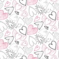 Vector seamless pattern with hand drawn hearts in sketch style. Royalty Free Stock Photo