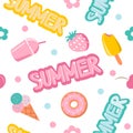 Vector seamless pattern with hand drawn ice cream, rainbow, flowers, cherries, strawberries and donuts