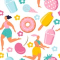 vector seamless pattern with hand drawn ice cream, rainbow, flowers, cute girls, strawberries and donuts.