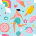 vector seamless pattern with hand drawn ice cream, rainbow, flowers, cute girls, strawberries and donuts. Royalty Free Stock Photo