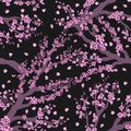 Vector seamless pattern with hand drawn illustration of sakura branch with flower on black background. Romantic japanese cherry br Royalty Free Stock Photo