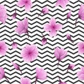 Vector seamless pattern with hand drawn illustration of sakura flower with watercolor imitation on zig zag background. Romantic ja Royalty Free Stock Photo