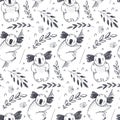 Vector seamless pattern with hand drawn koala animals and plants. Black and white endless background. Royalty Free Stock Photo