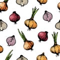 Vector seamless pattern with hand drawn onions, sketch style illustration, red and orange bow on white background