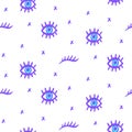 Vector Seamless pattern with hand drawn open and winking neon psychedelic eyes doodle