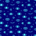 Vector Seamless pattern with hand drawn open and winking neon psychedelic eyes