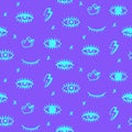 Vector Seamless pattern with hand drawn open and winking neon psychedelic eyes