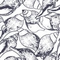 Vector seamless pattern with hand drawn outline spiral sea shells. Sketch style black and white background.