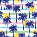 Vector seamless pattern with hand drawn palm trees on grunge colorful strips Royalty Free Stock Photo