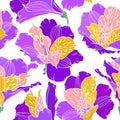 Vector seamless pattern with hand drawn plants. Botanical background with flowers, leaves and branches. Alstroemeria