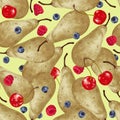 Vector seamless pattern with hand-drawn realistic pear, raspberry, cherry, blaeberry, like paints, juicy colors, appetizing, fresh