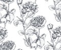 Vector seamless pattern with hand drawn rose flowers and leaves on white.