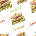 Vector seamless pattern with hand drawn sandwiches, delicious graphic backdrop, colorful background template.