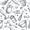 Vector seamless pattern with hand drawn sketch baking ingredients, kitchen utensil. Bakery, culinary background design Royalty Free Stock Photo