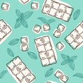 Vector seamless pattern with hand drawn sketches bitten chocolates and mint leafs.