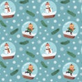 Vector seamless pattern with hand drawn snow globe with different characters. Illustrations on Christmas theme