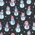 Vector seamless pattern with hand drawn snowmen and snowballs on a dark night background Royalty Free Stock Photo