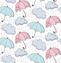 Vector seamless pattern with hand drawn umbrellas, clouds, rain drops